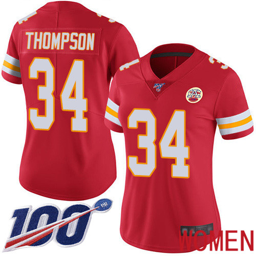 Women Kansas City Chiefs #34 Thompson Darwin Red Team Color Vapor Untouchable Limited Player 100th Season Football Nike NFL Jersey